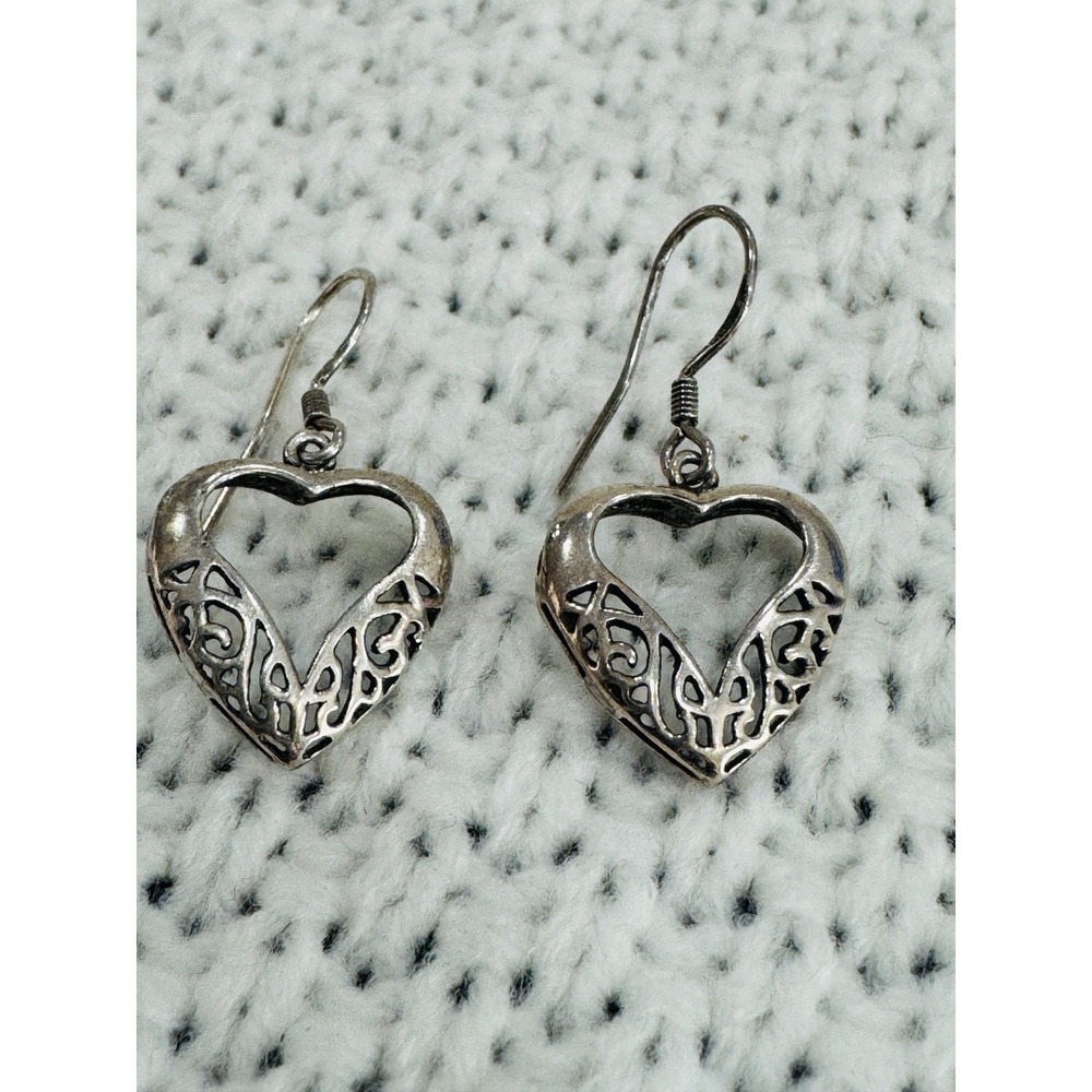 925 Sterling Silver Open Heart Filigree Scroll Dangle Drop Earrings